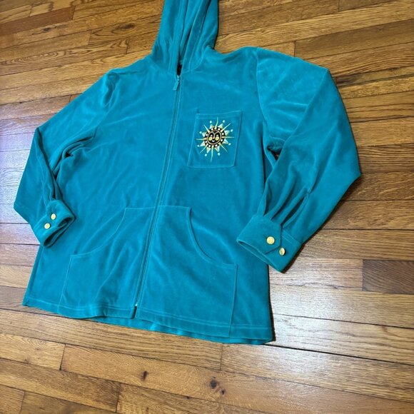 Bob Mackie Wearable Art Womens Velour Zip Up Hoodie Jacket Plus Sz 1X Turquoise - Picture 2 of 7